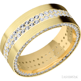 8 mm wide/Flat/14K Yellow Gold band with a Side Eternity arrangement of 01 carat Round Diamond stones in a Bead Channel setting and featuring a a 2 Row Eternity arrangement of 015 carat Round Diamond stones in a Bead Channel setting